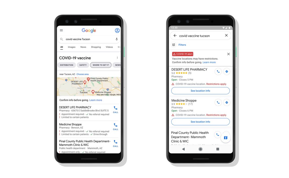 Two phones displaying the locations of vaccination sites in Search and Maps results