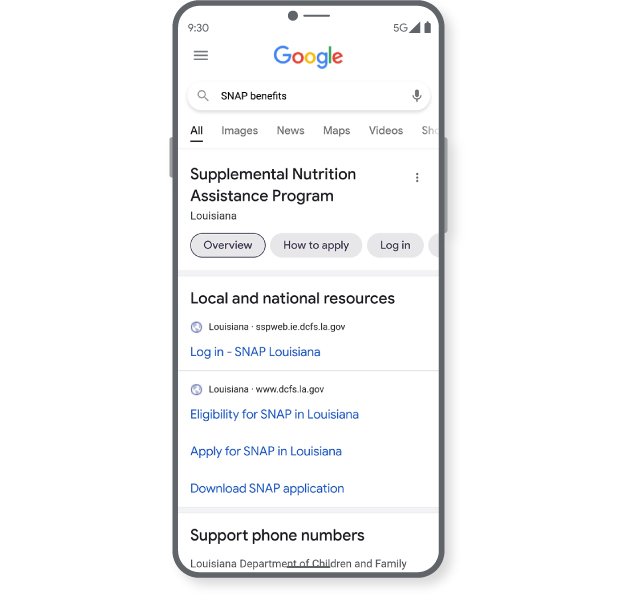Mobile image showing Google Search results for the query “SNAP benefits,” with details about program eligibility and links to apply for local programs.