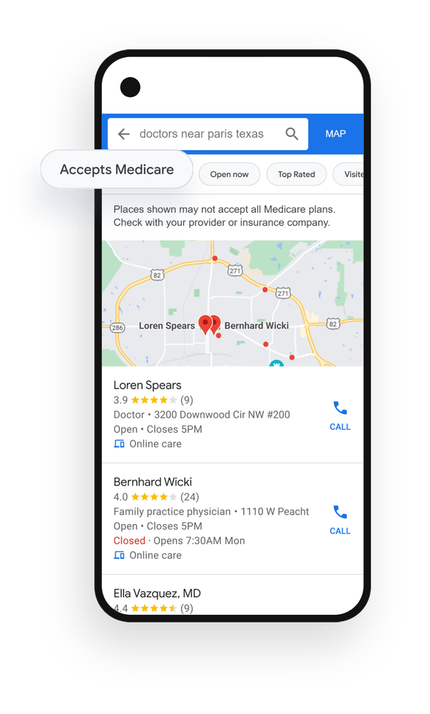 Mobile image showing Accepts Medicare filter on Healthcare Business Profiles.