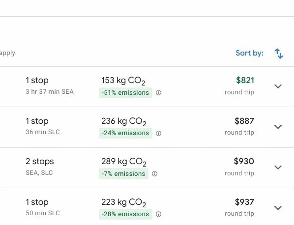 Gif showing a flight’s carbon emissions information from a list on Google Flights.