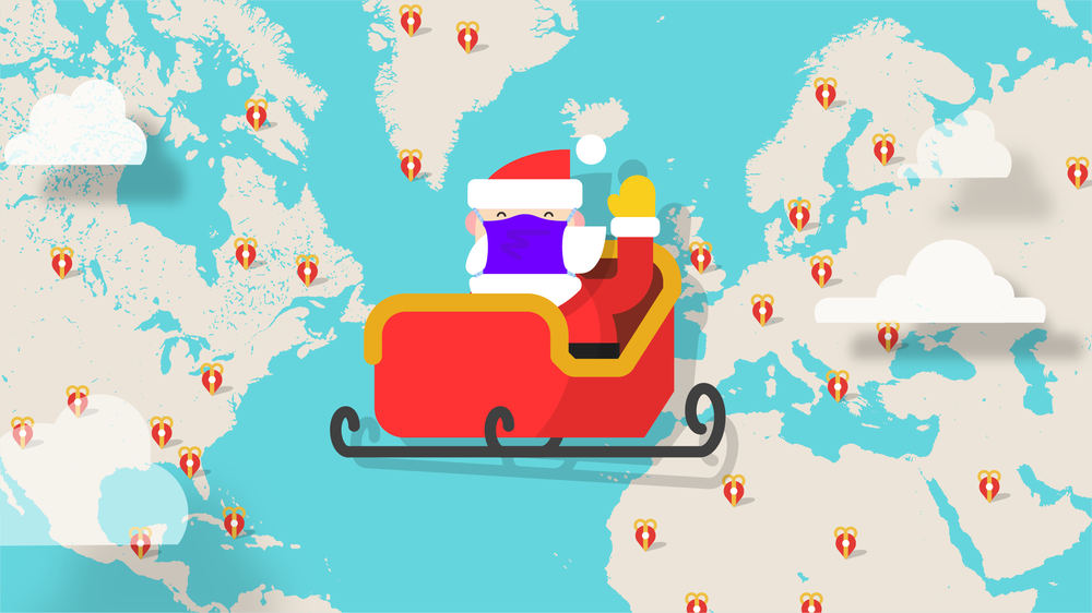 An illustration of Santa in his sleigh against a world map dotted with Google Maps location icons. Santa is waving and wearing a purple mask.