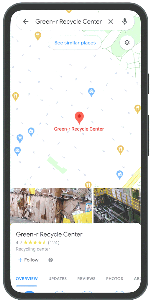 Gif of mobile screen scrolling to see recycling options at “Green-r Recycle Center.”