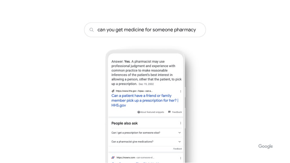 Search bar with the query “can you get medicine for someone pharmacy” with a mobile view of a featured snippet highlighting relevant text from an HHS.gov result.