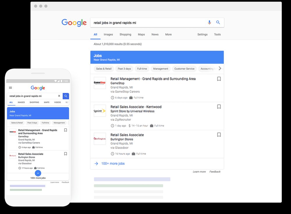 Screenshots of the job search tool on Google Search showing open retail job postings.