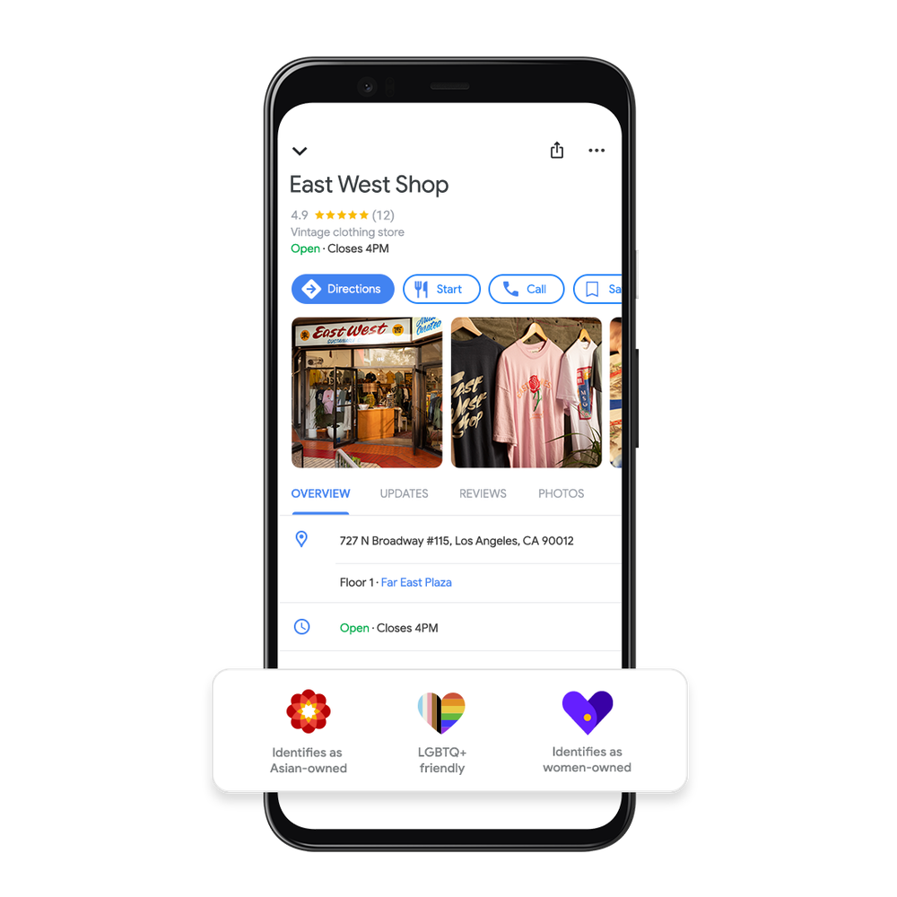 A screenshot of East West Shop on Google Maps, showcasing the business identifies as Asian-owned, LGBTQ+ Friendly, and women-owned.