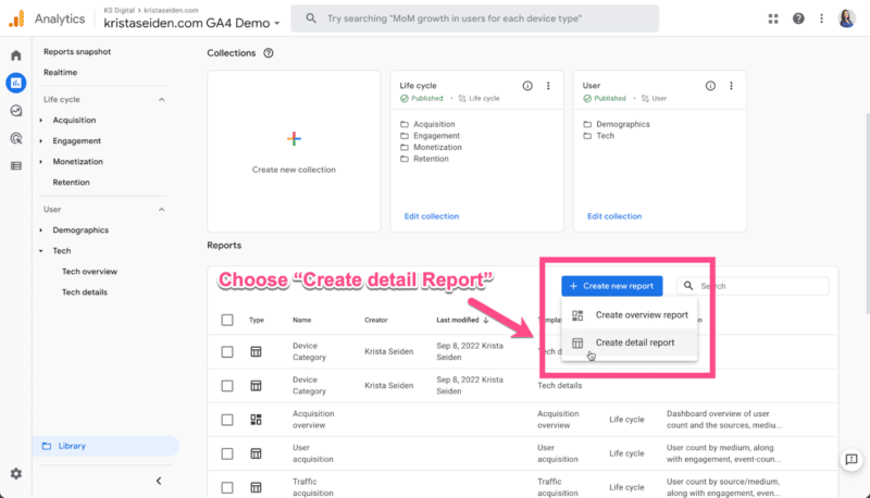 GA4: Create new report  > Create detail report.” class=”wp-image-388932″ srcset=”https://seoauthority.com.au/wp-content/uploads/2022/10/GA4-Create-new-report-800×458.png 800w, https://searchengineland.com/wp-content/seloads/2022/10/GA4-Create-new-report-590×338.png 590w, https://searchengineland.com/wp-content/seloads/2022/10/GA4-Create-new-report-197×113.png 197w, https://searchengineland.com/wp-content/seloads/2022/10/GA4-Create-new-report-768×440.png 768w, https://searchengineland.com/wp-content/seloads/2022/10/GA4-Create-new-report-1536×879.png 1536w, https://searchengineland.com/wp-content/seloads/2022/10/GA4-Create-new-report-150×86.png 150w, https://searchengineland.com/wp-content/seloads/2022/10/GA4-Create-new-report.png 1600w” sizes=”(max-width: 800px) 100vw, 800px”></figure>
</div>
<p><strong>Step 2: </strong>Next, choose a template to start from, or choose blank. </p>
<p>Since I know the Device category dimension is part of the Tech details template, starting there will add relevant metrics and dimensions as a starting point.</p>
<div class=