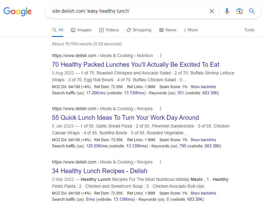 Screenshot of Google showing how to identify keyword cannibalization with the site: search query.