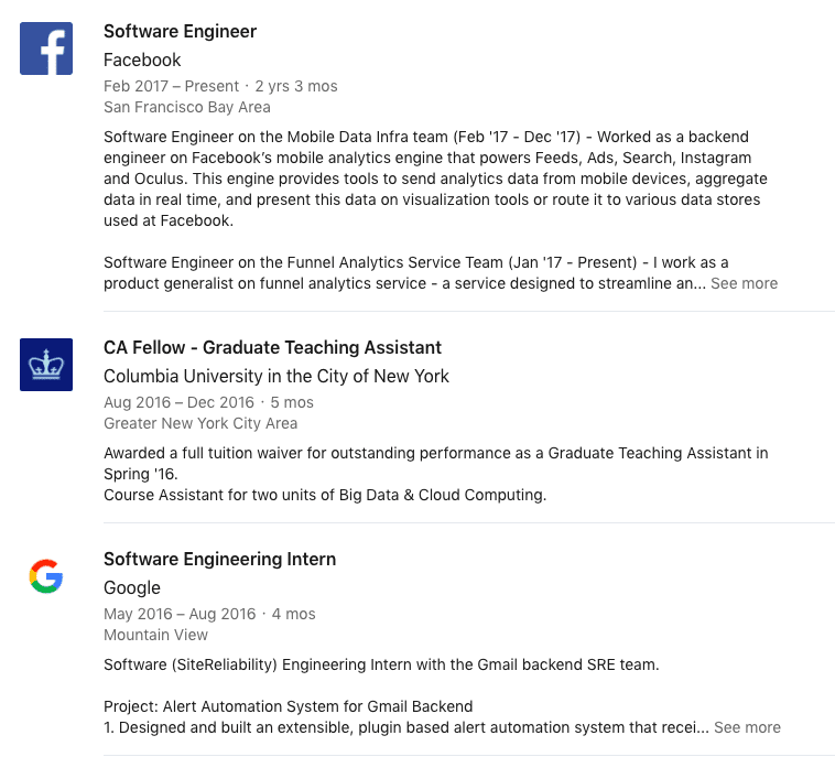 Optimized LinkedIn experience section