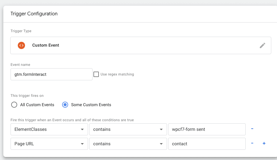 Trigger configuration for a contact page form