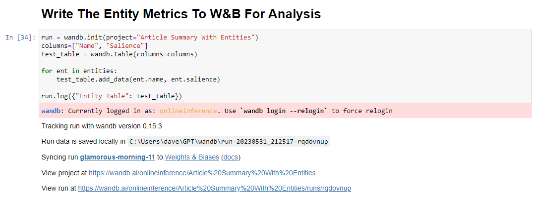 Write the entity metrics to W&B for analysis