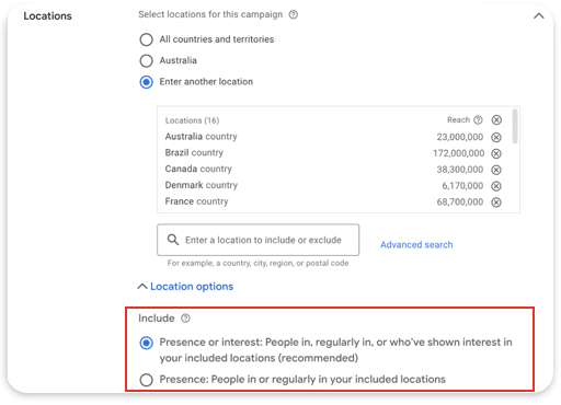 Google Ads - Locations settings