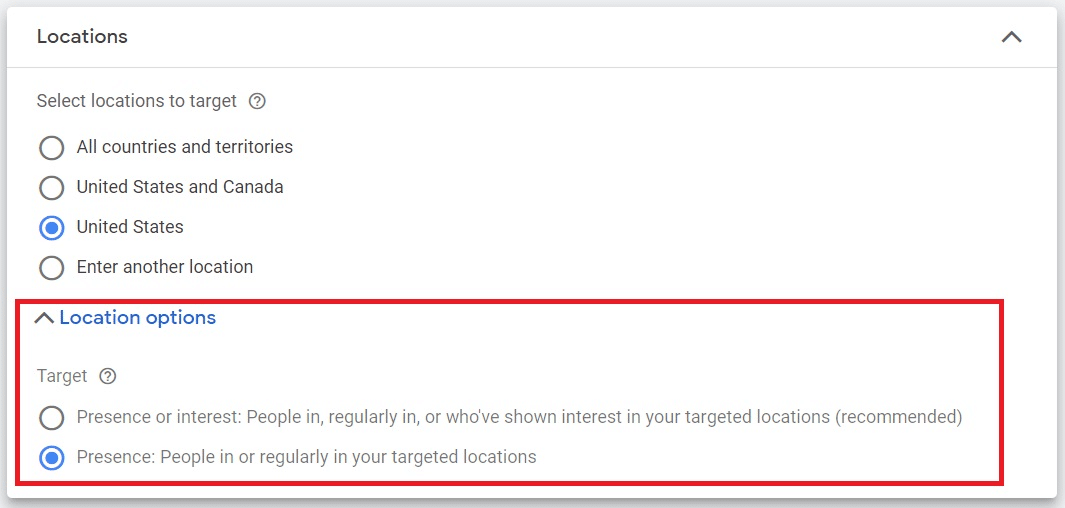 Google Ads - Presence or interest targeting