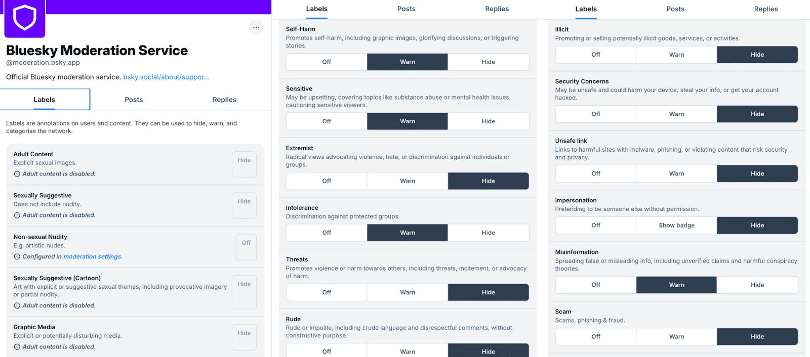 An example of content moderation controls available for Bluesky users