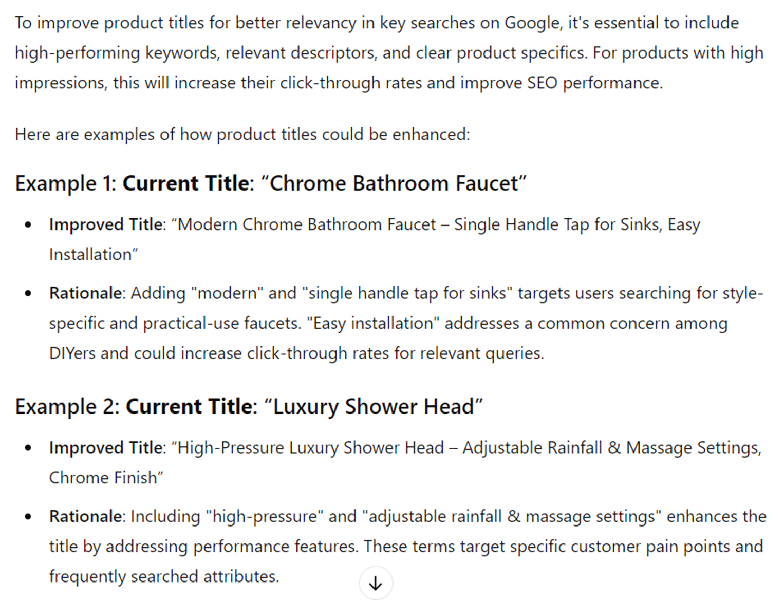 Example individual product title optimization output