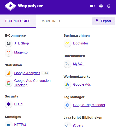 Example results from a Wappalyzer analysis