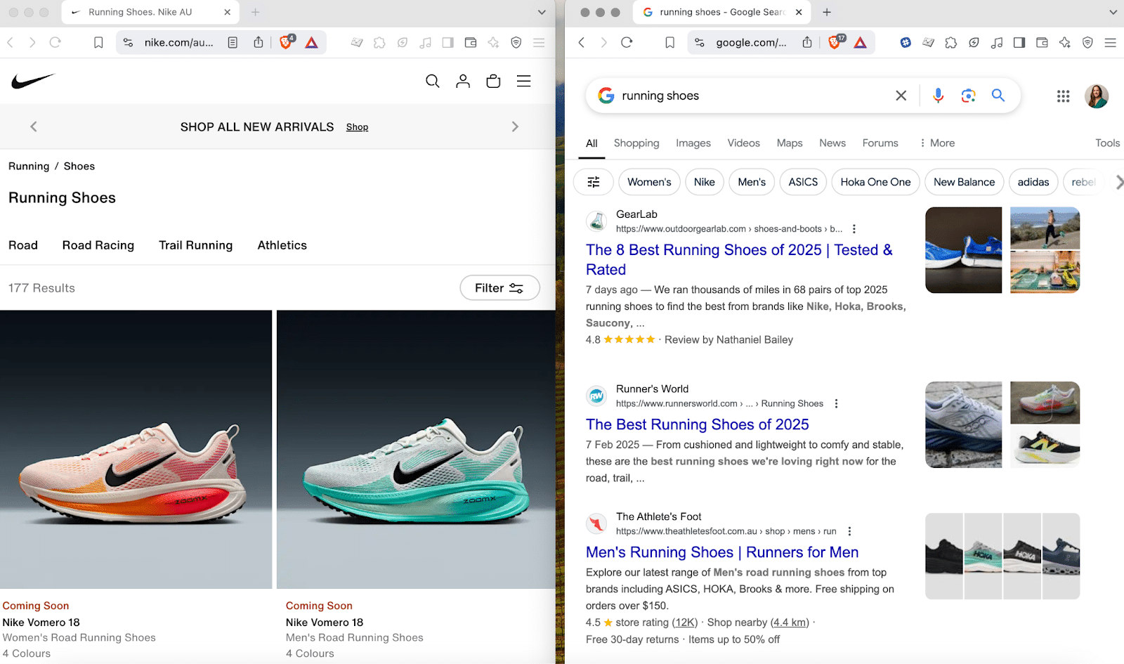 Nike website vs. Google search - running shoes