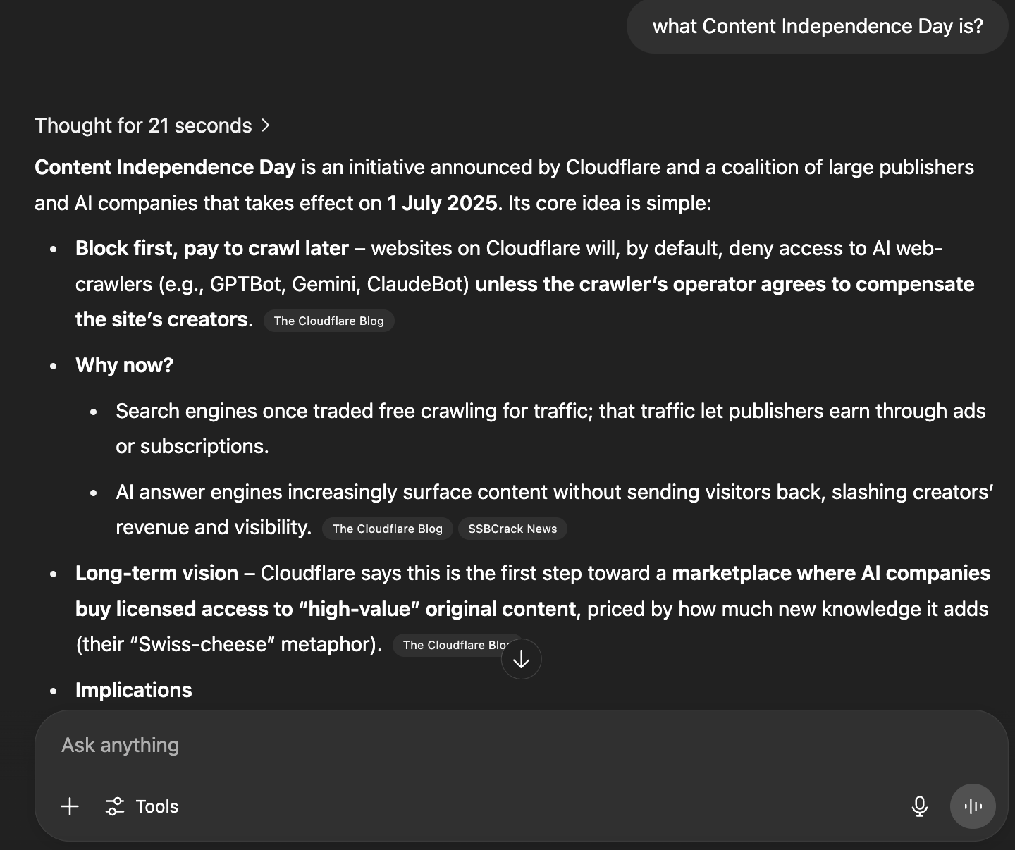 An interesting, though potentially biased, screenshot from ChatGPT showing the response to the prompt: “what content independence day is”