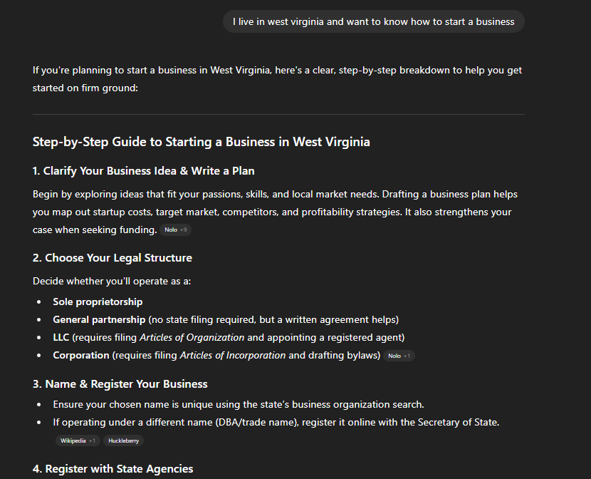 ChatGPT - start a business, West Virginia