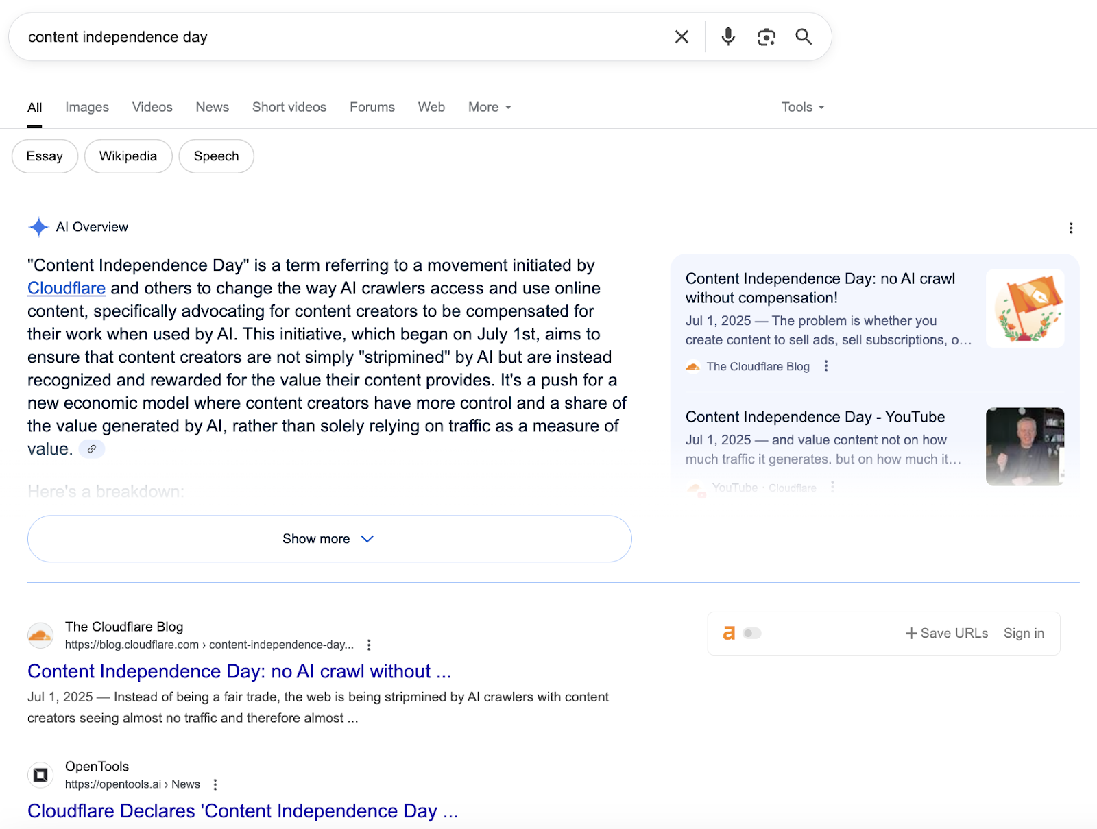 Screenshot of the Google SERP for the query “content independence day,” demonstrating Cloudflare’s “SERP domination” by securing both the Top 1 organic result and a citation in the AI Overview