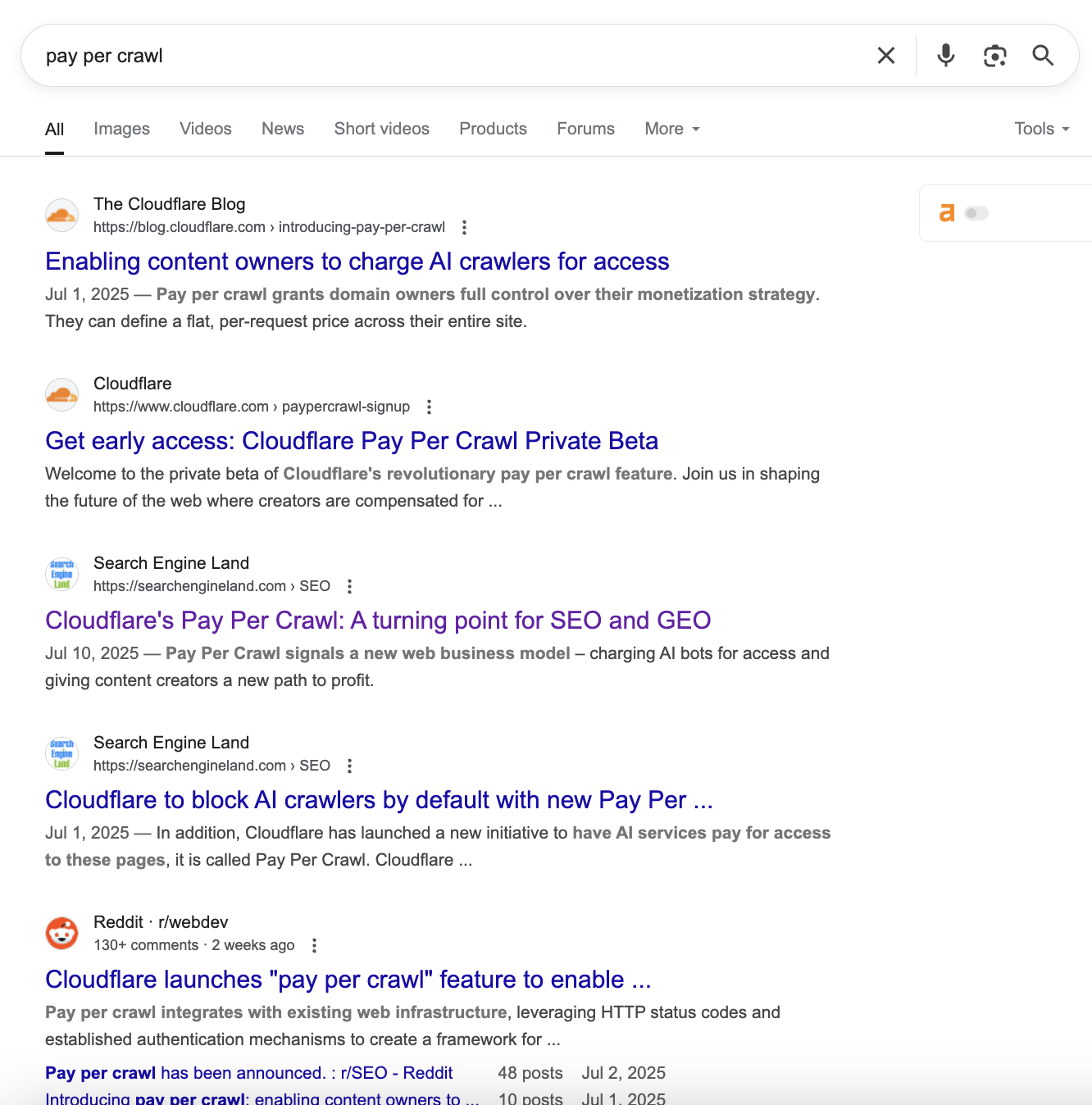 Screenshot of the SERP results for the query “pay per crawl,” highlighting some of the high-quality mentions and backlinks Cloudflare earned from this initiative.