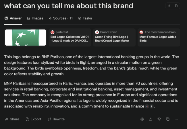 Screenshot showing a search result for the query "what can you tell me about this brand," with a Pinterest link used to contextualize the BNP Paribas logo, which features four stylized white birds on a green background.