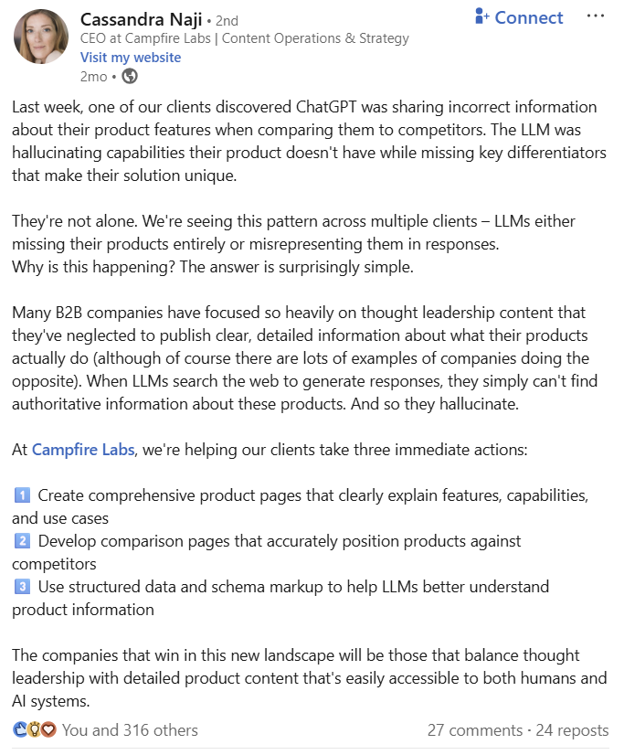 LinkedIn post explaining that incorrect information is being shared by ChatGPT about a company