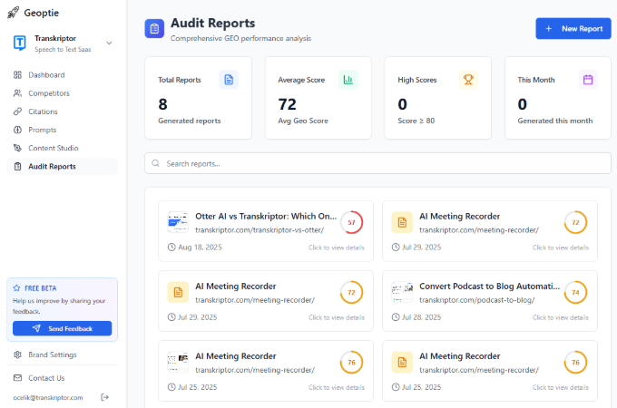 Geoptie GEO audit report showing comprehensive page analysis with actionable optimization recommendations and scoring metrics