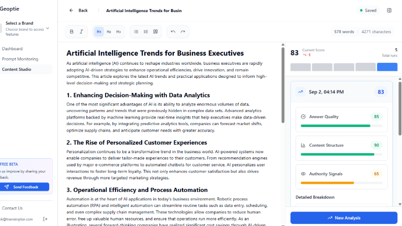 Geoptie content studio editor with real-time GEO scoring and optimization feedback for AI search visibility
