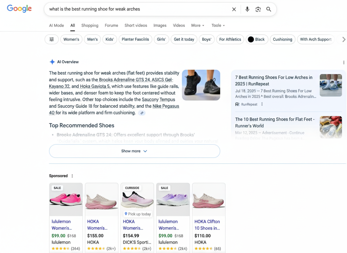 Screenshot of Google results page for the query “what is the best running shoe for weak arches”