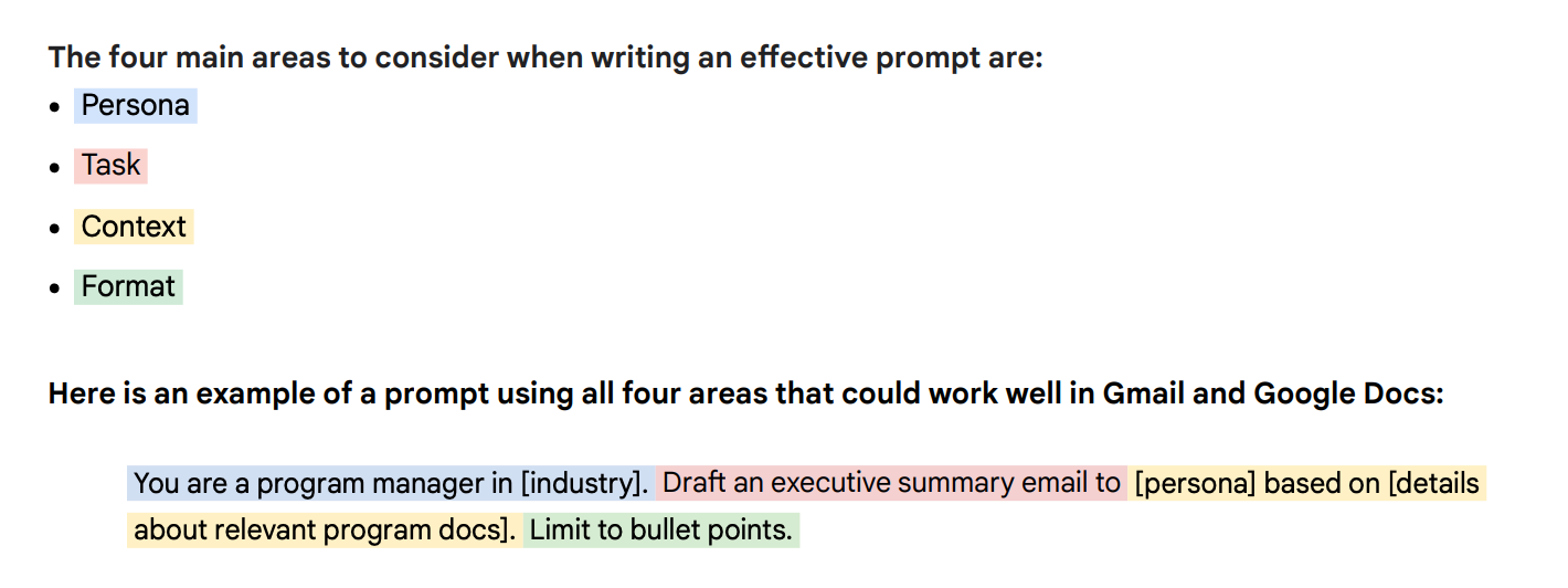 Four main areas to consider when writing an effective prompt