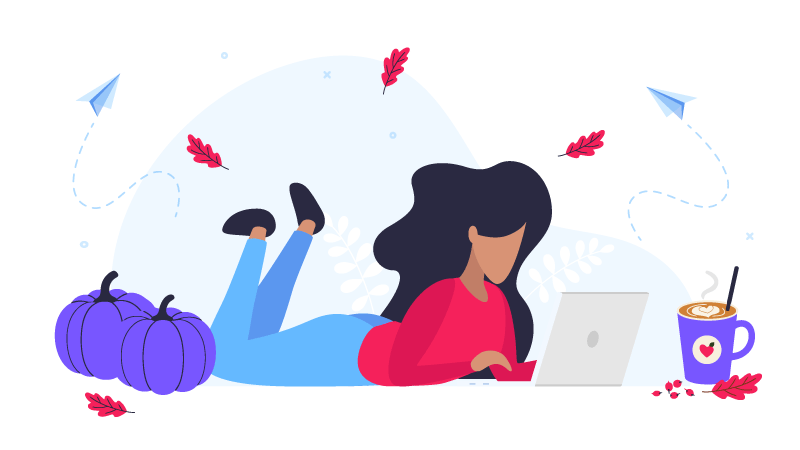 Illustration of a person working on a laptop surrounded by paper planes, pumpkins, and fall leaves, symbolizing relaxed, reliable email sending.