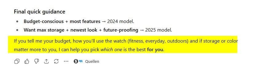 Quick, short, and concise – plus an offer to compare the most suitable model in terms of performance and price (ChatGPT 5)
