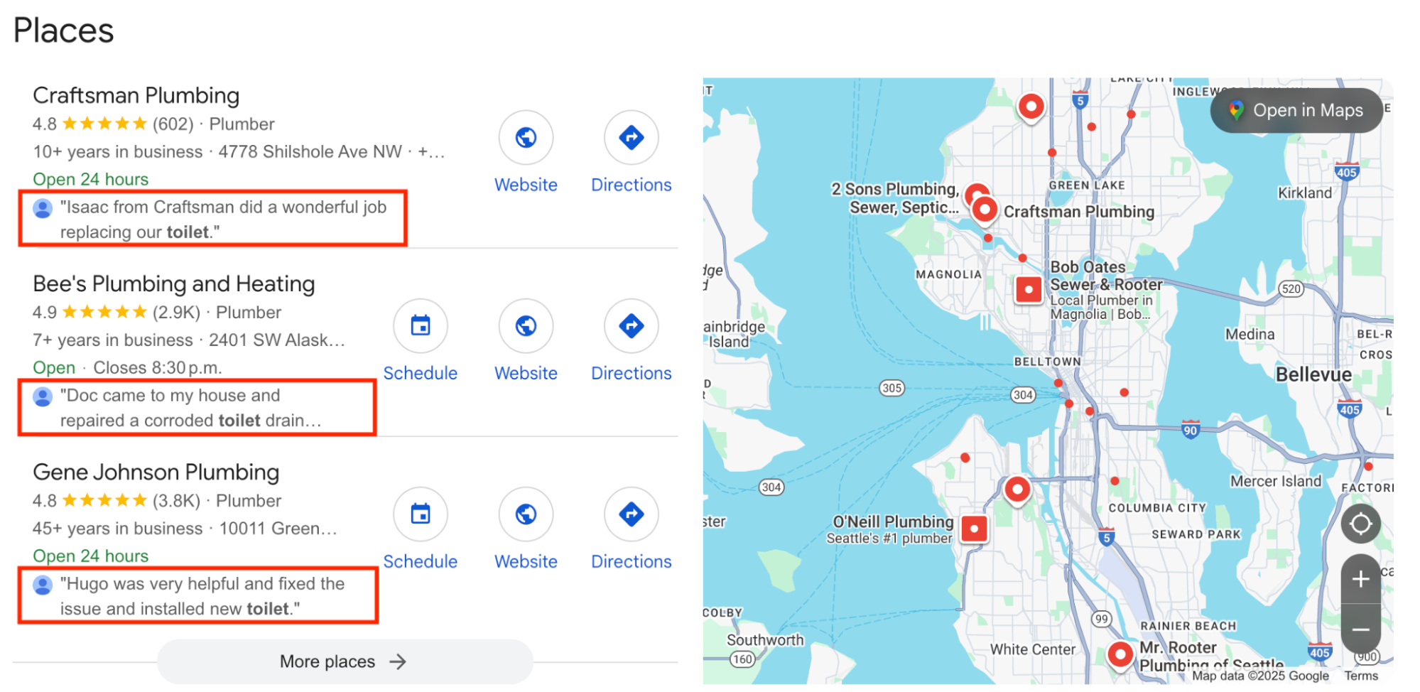 Plumbing Google review justifications