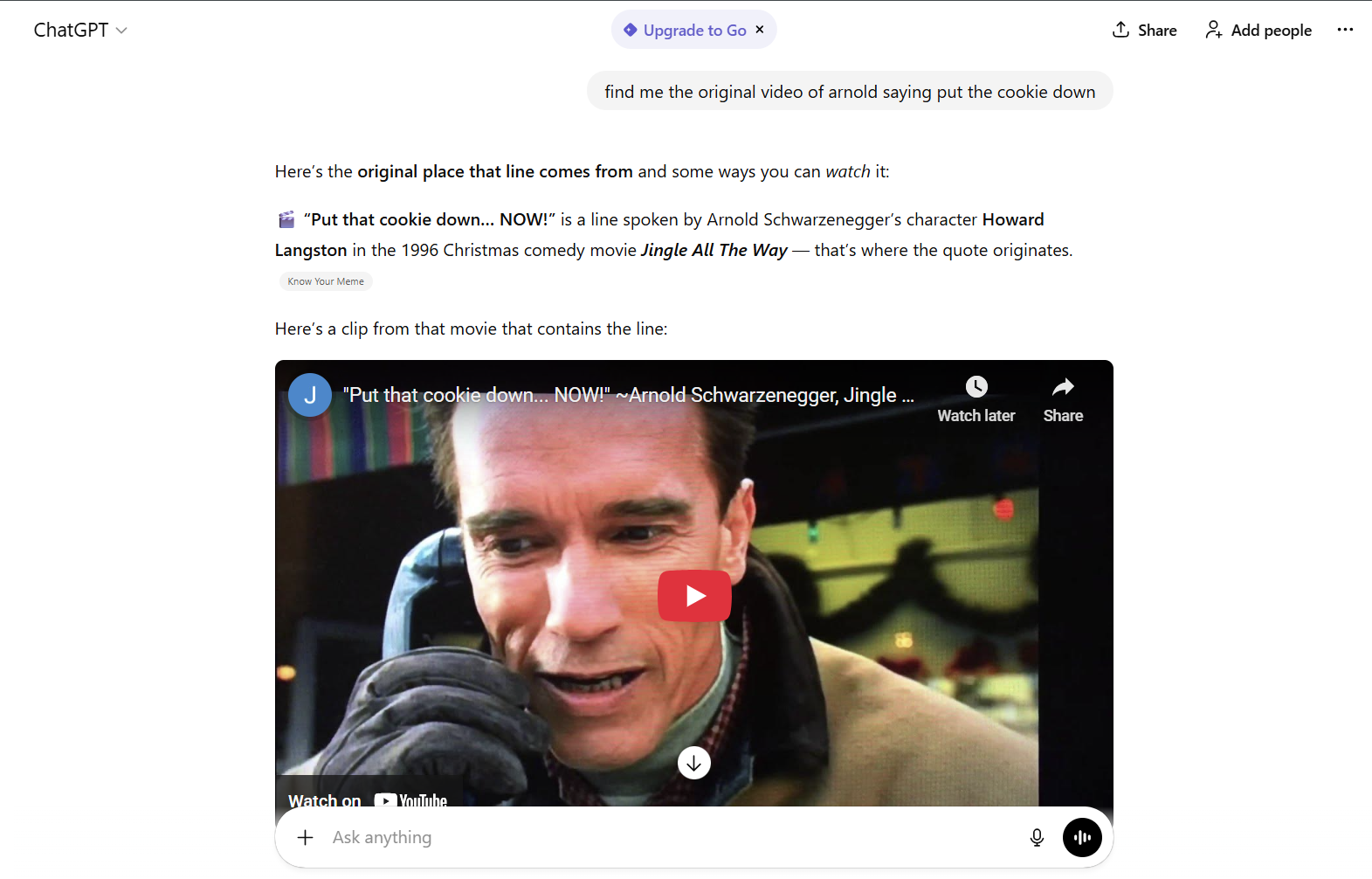 ChatGPT - Returning Arnold Schwarzenegger clip from YouTube