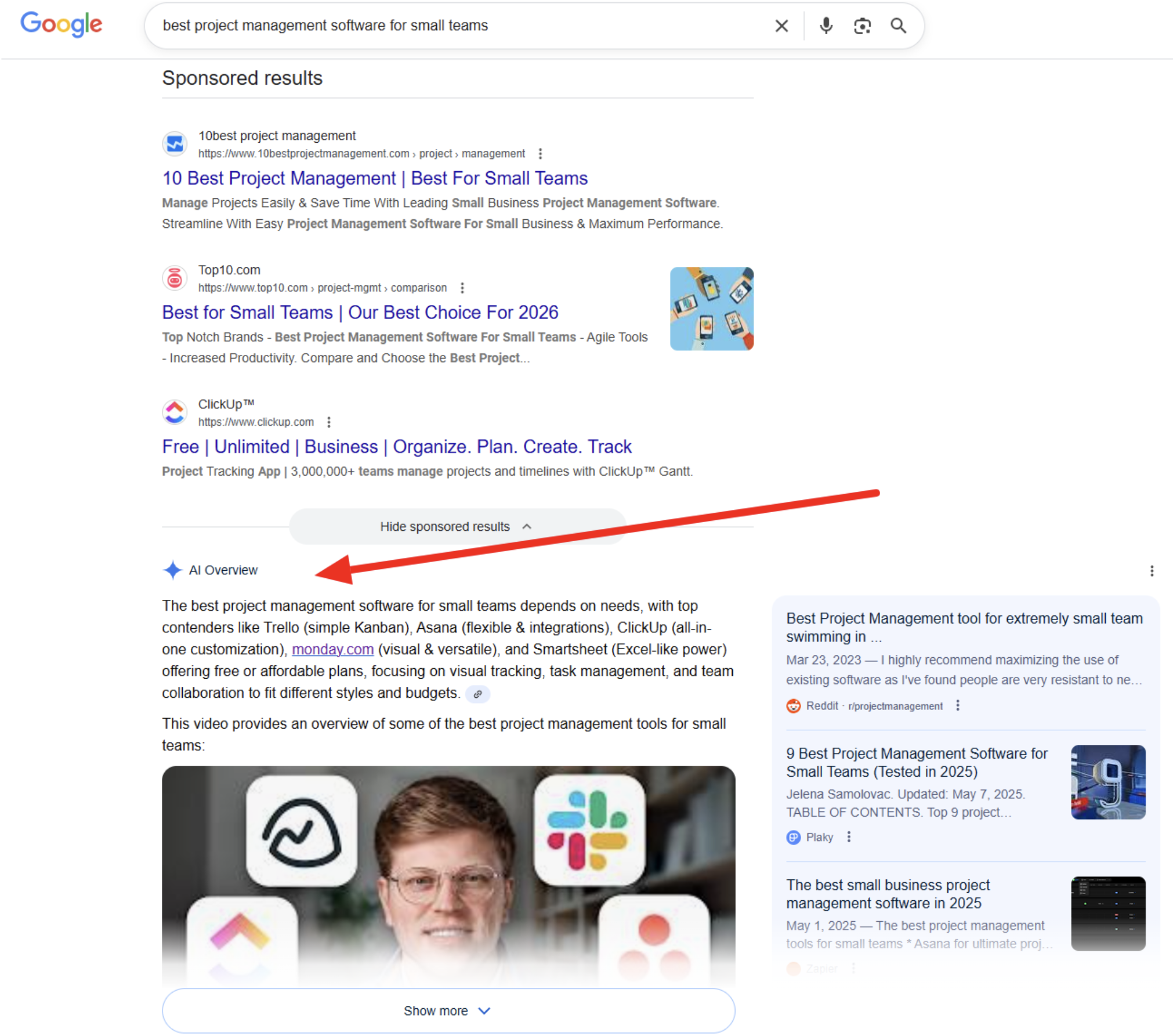 Google SERPs - best project management software for small teams